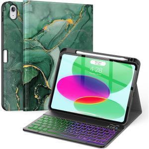Soke for iPad (A16) 11th/10th Generation Case with Keyboard(2025/2022)-7 Color Backlight Wireless Detachable Folio Keyboard Cover with Built-in Pencil Holder for iPad 11/10.9 inch, Green Marble