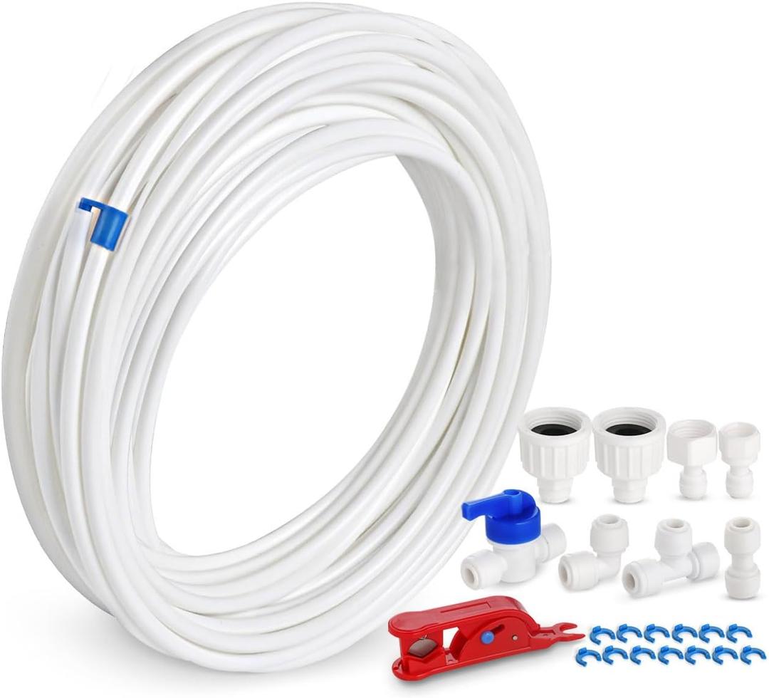 49.2Ft Water Supply Pipe Tube,Refrigerator Water Line +Fridge Connector Kit, ice Maker Water Line Kit for Refrigerator,Ice Maker (1/4" tubing Pipe)-Easy Installation