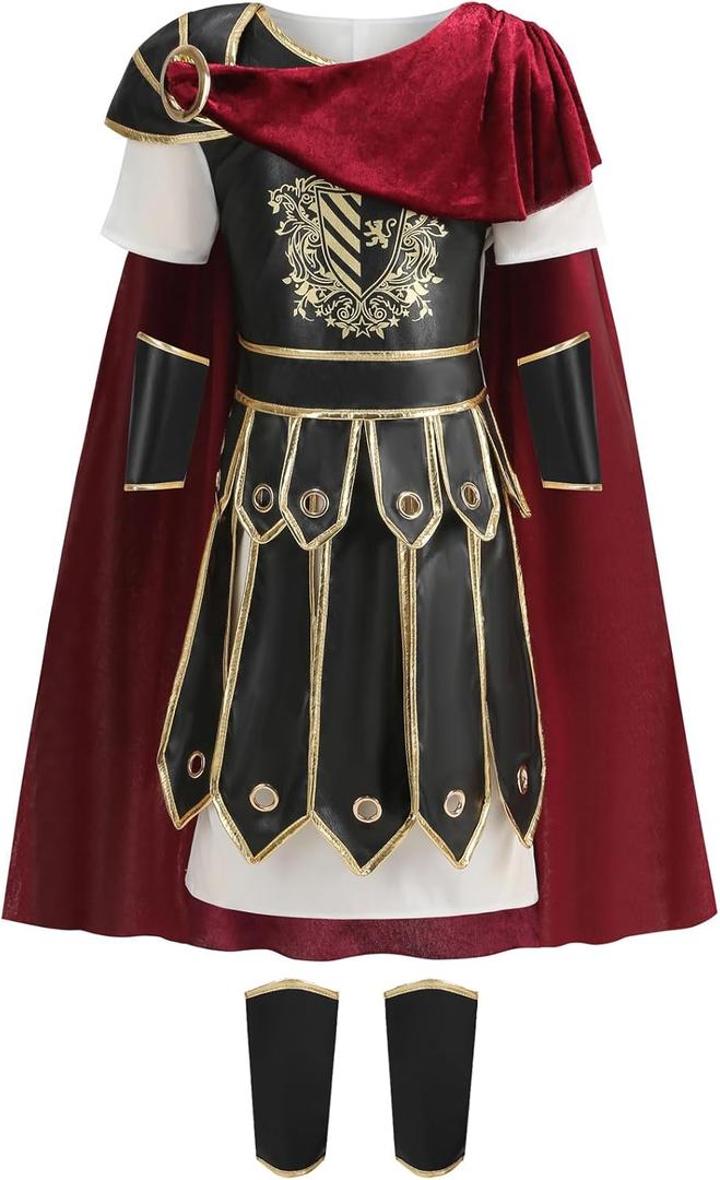 GRAJTCIN Kids Medieval Warrior Costume Roman Soldier Costume Historical Viking Gladiator Knight Halloween Renaissance Outfit (2XL (10-11Y), Black)