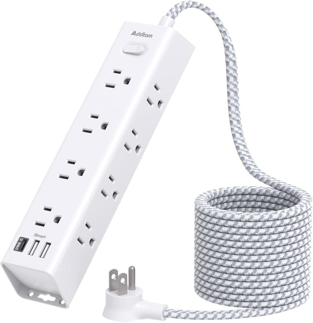 Surge Protector Power Strip - 10 FT Extension Cord, Power Strip with 12 Widely AC Outlet 3 USB, Flat Plug, Wall Mount Overload Protection, 1050J, Desk Charging Station for Home Office, ETL Listed (White)