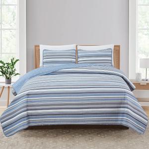 Market & Place 3 Piece Reversible Quilt Set with Shams | All-Season Soft & Lightweight Bedspread with Modern Striped Pattern | Elise Collection (Full/Queen, Blue/Grey)