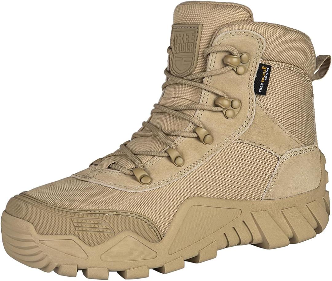 FREE SOLDIER Men's Waterproof Hiking Boots Tactical Work Boots Outdoor Lightweight Military Boots(Tan, US 9.5)