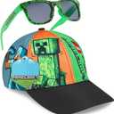 Minecraft Trucker Hat Baseball Cap and Kids Sunglasses Set Adjustable Snapback UV Protection Gamer Gifts (6-14 Years, Multi)