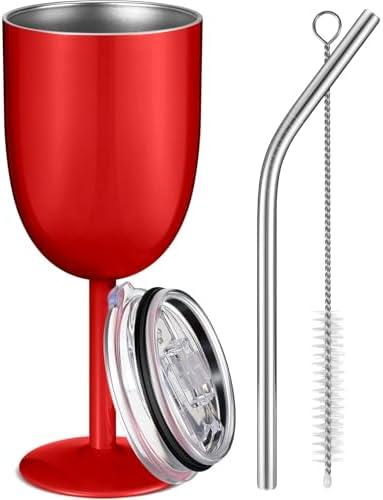 Ninehaoou Insulated Wine Tumbler with Lid Straw Brush 10oz Stainless Steel Glasses Cups Double Walled Vacuum Insulated Wine Tumbler for Christmas Women Men Holiday Birthday Gifts (Red,1 Pc)