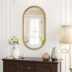 Gold Oval Mirror, 16"x32" Hanging Wall Mirror with Antique Gold Braided Metal Cord Frame, Modern Distressed Wall Decor for Bedroom, Living Room, Entryway