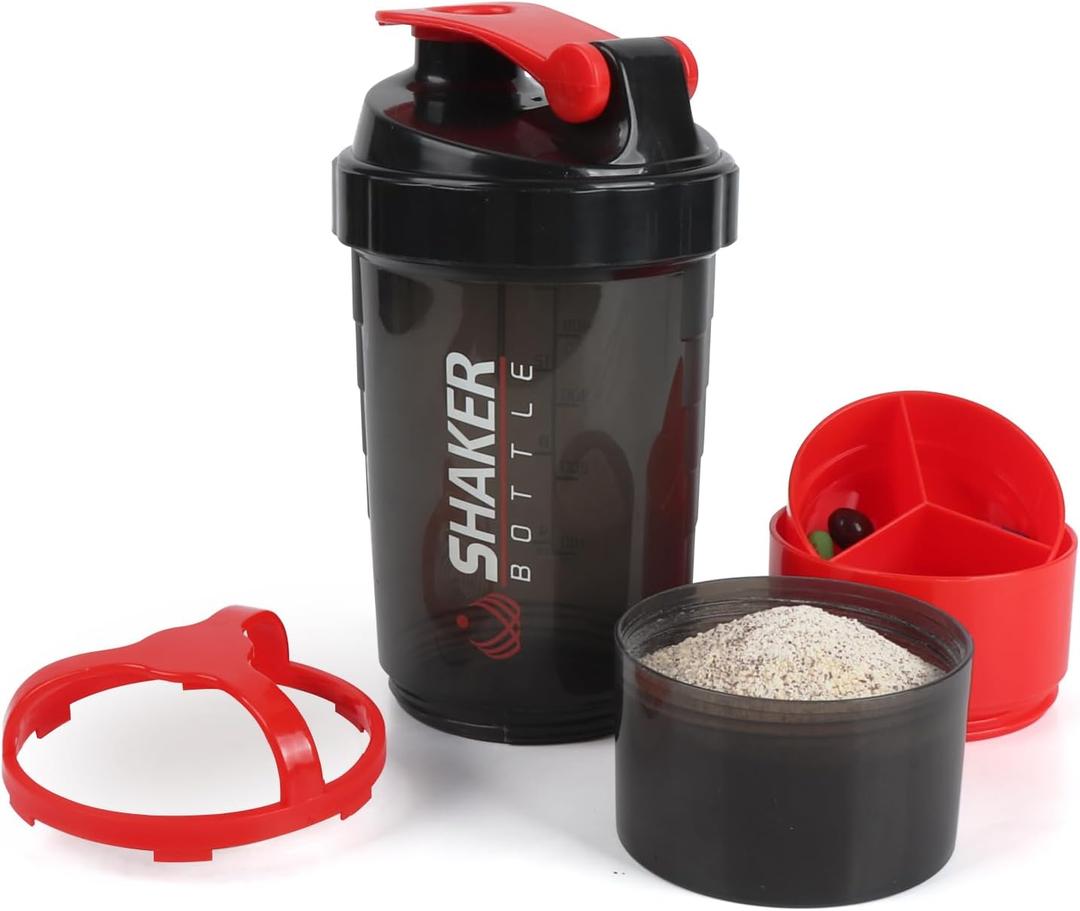 Shaker Bottle,16oz Protein Shaker Bottles with Mixing Ball, 3 in 1 Leak-proof GYM Shake Cup with Powder Storage & Pill Tray, Ideal for Workout,BPA FreeRed