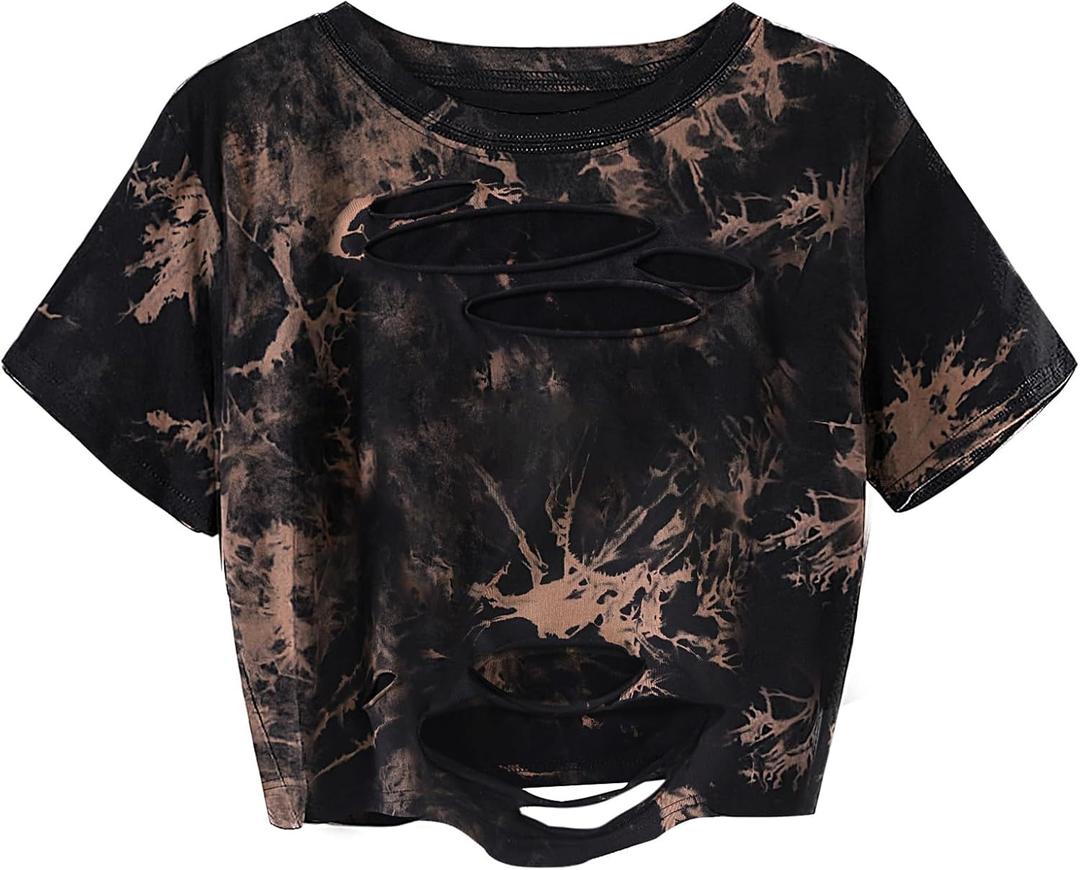 Hilinker Women Tie Dye Crop Tops Distressed Ripped Short Sleeve Casual Summer Tee Shirts Black Brown Tie Dye Medium (Brown, M)
