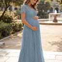 MEROKEETY Women's 2026 V Neck Short Sleeve Floral Lace Wedding Dress A Line Boho Bridesmaid Cocktail Party Maxi Dress (Blue, S)