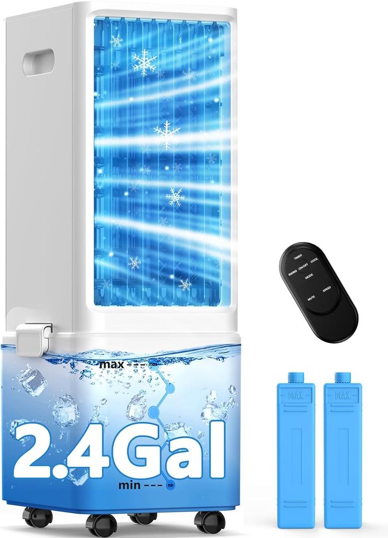 Windowless Air Conditioner w/ 4 Modes & 3 Speeds, Waterless Alert, 2.4-Gal Tank for 20H Cooling, 12H Timer, 20FT Remote, 70 Auto Swing Evaporative Air Cooler, Portable AC Unit for Bedroom