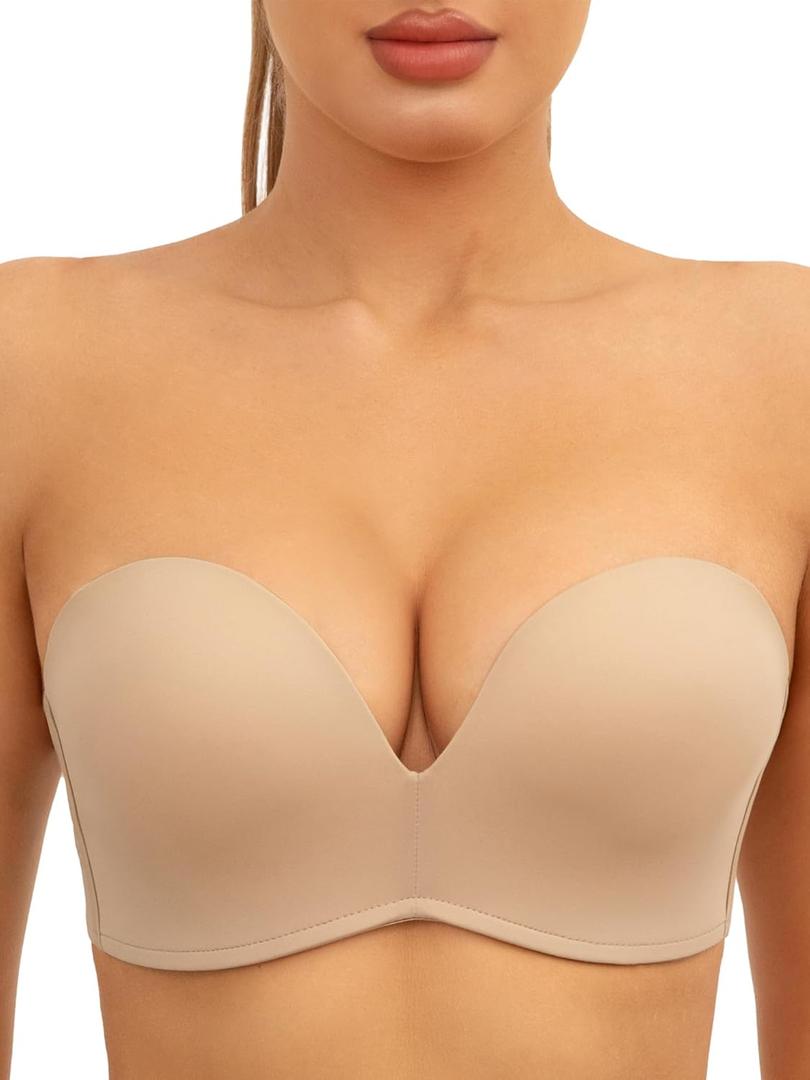 Strapless Bra Non-Slip No Underwire Padded Bandeau Multiway Smoothing Bras Convertible Straps (32D, Nude)