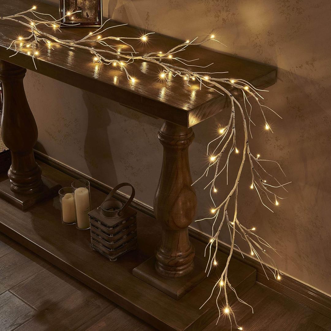 LITBLOOM Lighted Birch Garland 6FT 48 LED Battery Operated with Timer Pre-lit Twig Vine Lights for Christmas Fireplace Mantle Table Decoration Indoor Outdoor (White Birch)