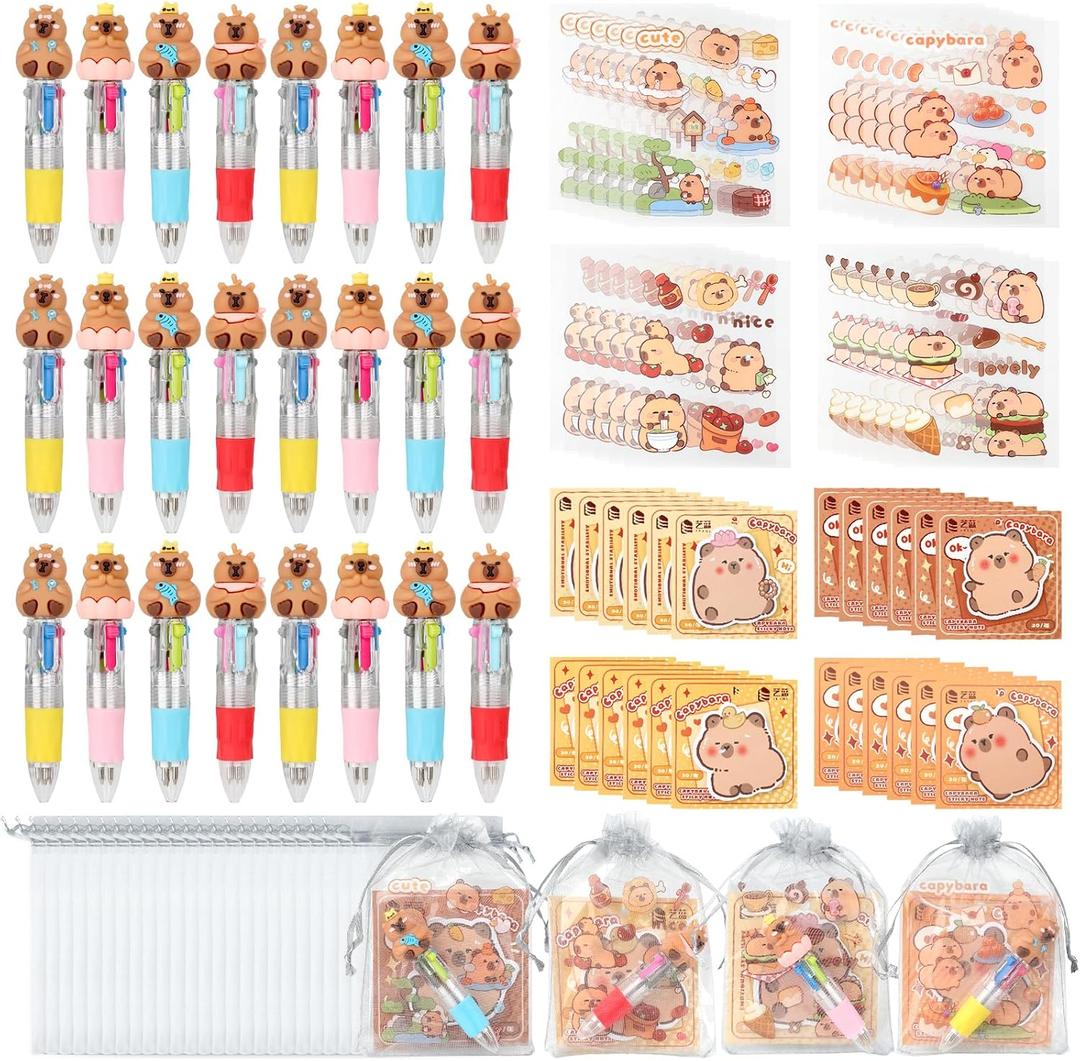 96Pcs Capybara Party Favors, Capybara School Supplies with 24 4-in-1 Ballpoint Pens, 24 Stickers, 24 Organza Goodie Bags, 24 Sticky Notes for School Rewards