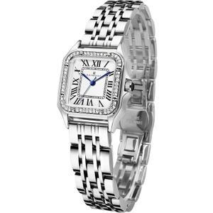 FORSINING Classic Square Watches for Women with Crystal Accents and Stainless Steel, Roman Numerals Ladies Casual Dress Watch (Silver)