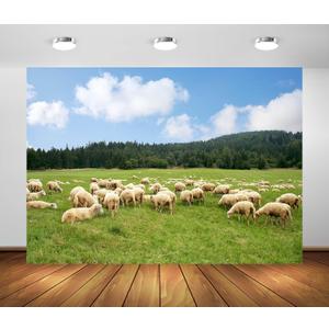 BELECO 7x5ft Fabric Rural Sheep Pasture Backdrop Flock of Sheep Lamb Grazing, Green Farm Meadow Hills Shepherd Photography Background for Party Decorations Photo Booth Studio Props Wallpaper