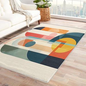 Mid-Century Modern Rug 5x7 Area Rugs, Abstract Geometric Area Rug for Bedroom Living Room, Multicolor Carpet, Soft Low Pile Home Decor Rug, Washable Non-Slip Indoor Large Rugs (Orange)