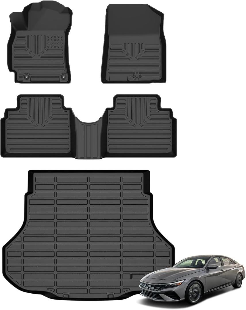Floor Mats & Cargo Liner for Hyundai Elantra/Elantra N 2021-2026 (Not for Hybrid) All Weather Automotive TPE Liners Set Anti-Slip Waterproof Floor Liners Accessories (Car Mats+Trunk Mat) Black