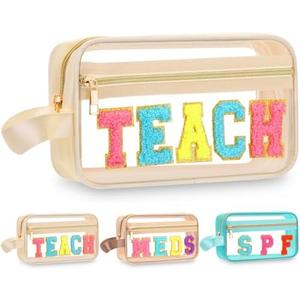 Pinkunn Chenille Letter Bag Clear Makeup Pouch Cute Preppy Patch Cosmetic Bag with Zipper Nylon Waterproof Portable Travel Purse Toiletry Organizer for Teacher Appreciation Gift(Cream White,Teach)