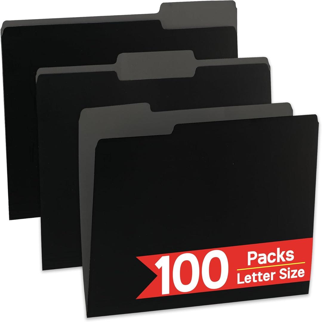 100 Packs Black File Folder,Manilla File Folders Letter Size,1/3-Cut Tabs,8.5x11 File Folders for Office Filing,School Projects and Home,Organizer File Folder