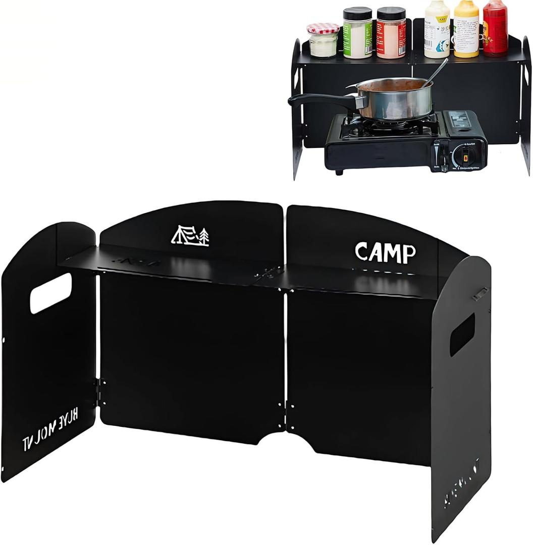 Outdoor Wind Deflector,Cassette Stove Folding Wind Deflector, Steel Windproof Hood for Stove, Gas Stove Wind Deflector, Camping Thickened Stove Ring, Portable 4 Plates Wind Blocker (Black)