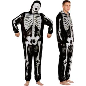 Christmas Gifts Adult 3D Skeleton Onesie - Plush Hooded Jumpsuit with Zipper, Halloween Costume XS-XL (Black, M)