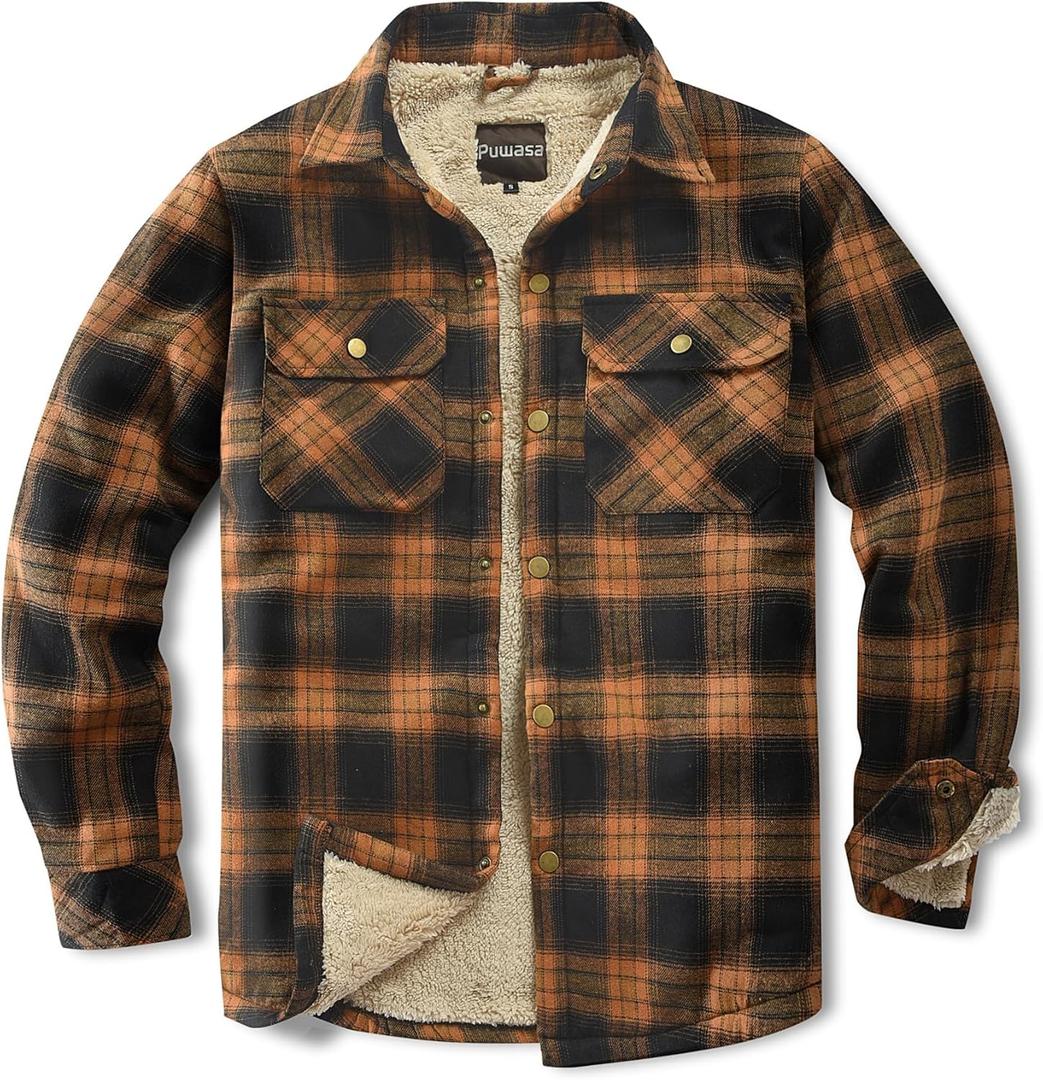 Men's Sherpa Lined Cotton Flannel Shirt Jacket Plaid Button Up Jacket Coat for Men with Pocket (Large Tall, Orange Block)