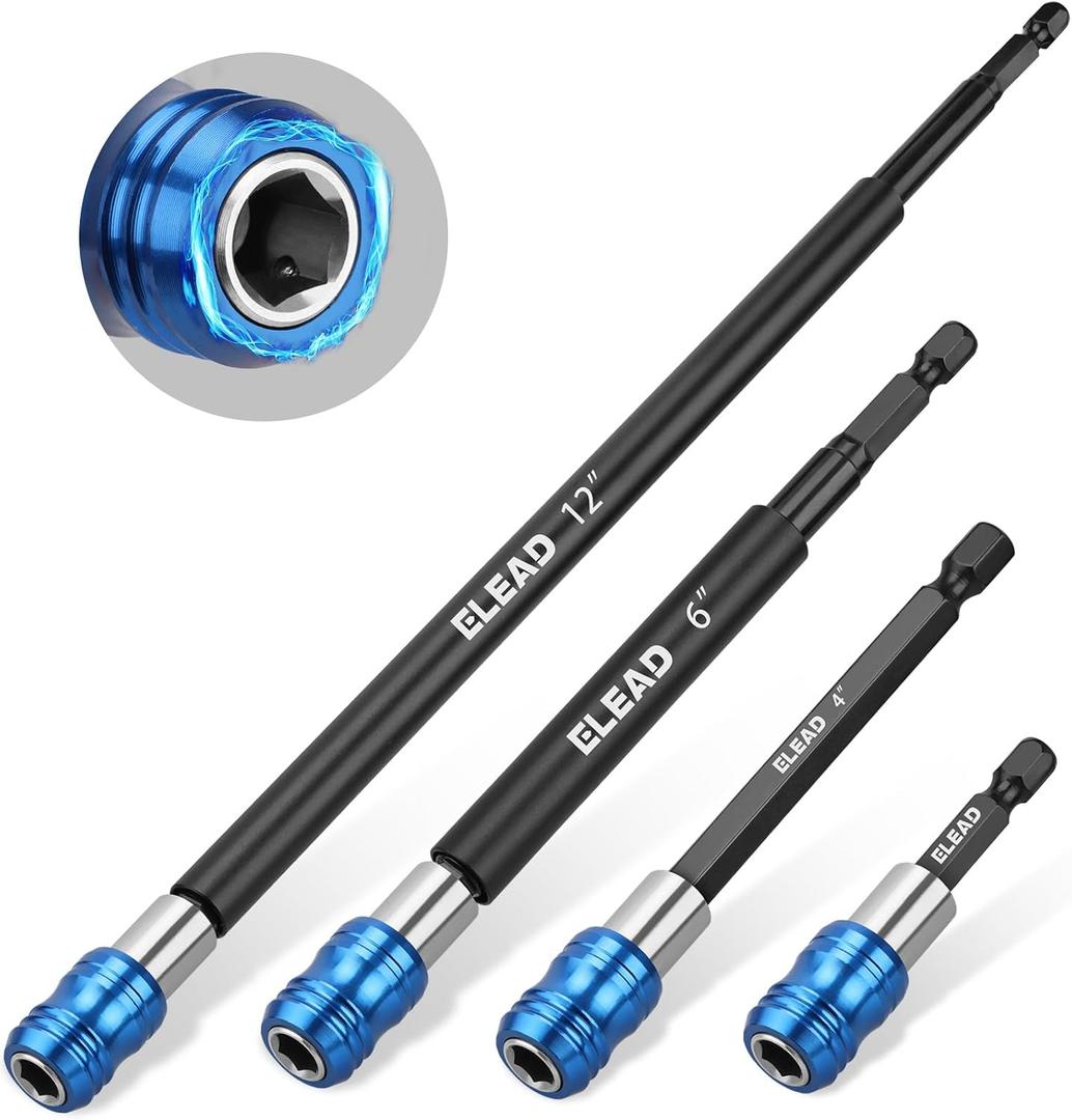 4-Piece 2", 4", 6", 12" Drill Bit Extension Set, Magnetic Screwdriver Bit Holder Extender with Aluminum Sleeve, 1/4 Inch Hex Shank Quick Release Extension Adapter, Durable CR-V Steel