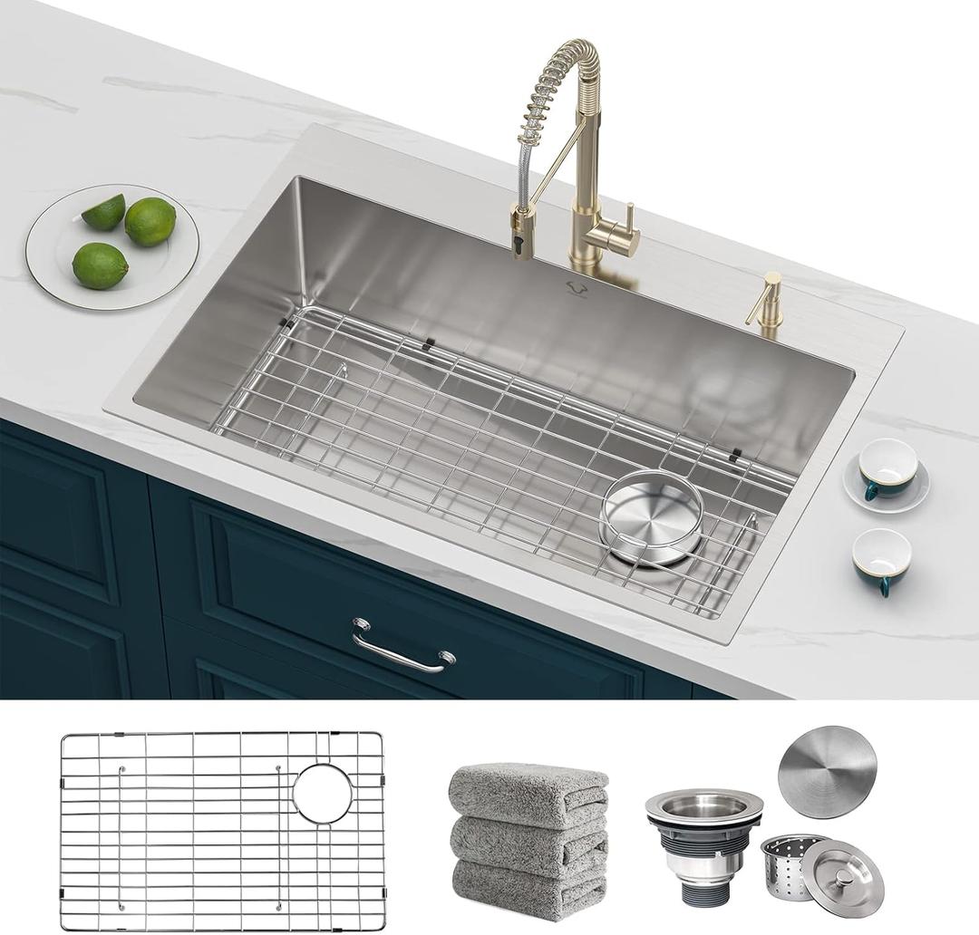 Kitchen Sink 33 x 22 Inch Drop-In Top Mount 16 Gauge Deep R10 Single Bowl 2-Hole Stainless Steel Kitchen Sink and Accessories (Pack of 4)