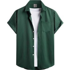 Hardaddy Men's Casual Striped Shirts Button Down Short Sleeve Blouse Summer Hawaiian Shirt (Green, M)