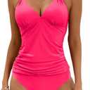 B2prity Halter Tankini Swimsuit for Women Tummy Control Two Piece Bathing Suit V Neck Swimwear with Shorts (Medium, Watermelon Red)