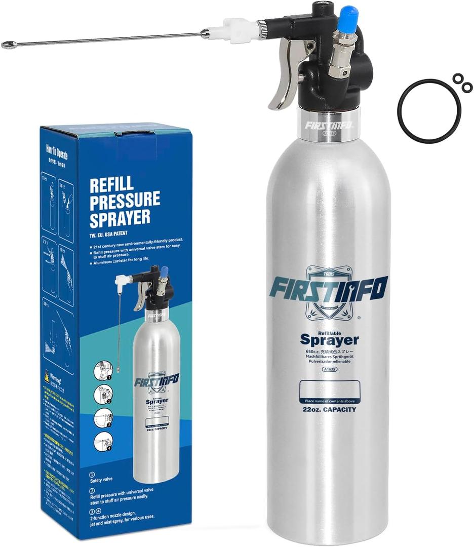 FIRSTINFO A1635 Patented Max. Pressure 110 psi 650ml Aluminum Canister Aerosol Refillable Fluid Storage Spray Can/Pneumatic Compressed Air Sprayer