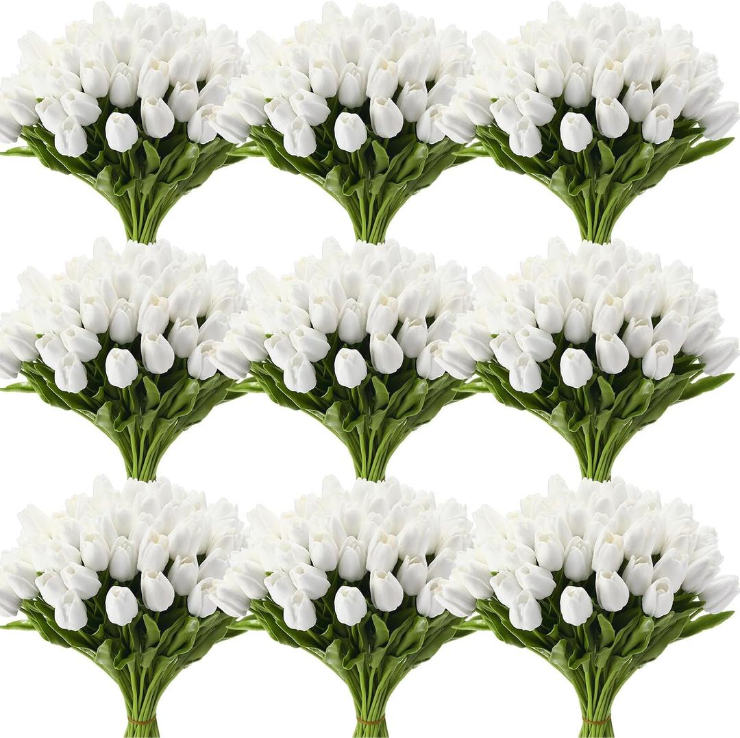 Janinka 75pcs Artificial Tulip Flowers Fake PU Tulips Faux Latex Bouquet Flower Centerpieces Arrangement Floral for Mother Day Wedding Spring Decorations (White)