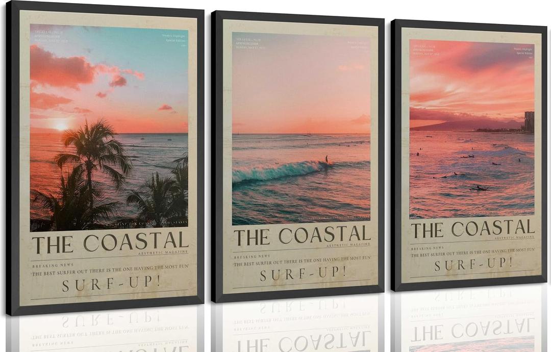 2 x 3Pcs Vintage Coastal Surfing Wall Art , Beach Sunset Canvas Poster 12x16 In, 12W"x16L"