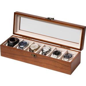 Watch Box, Watch Case for Men Women with Large Glass Lid, Wooden Watch Display Storage Box with 6 - Slots, Classic Walnut Mens Watch Box Organizer