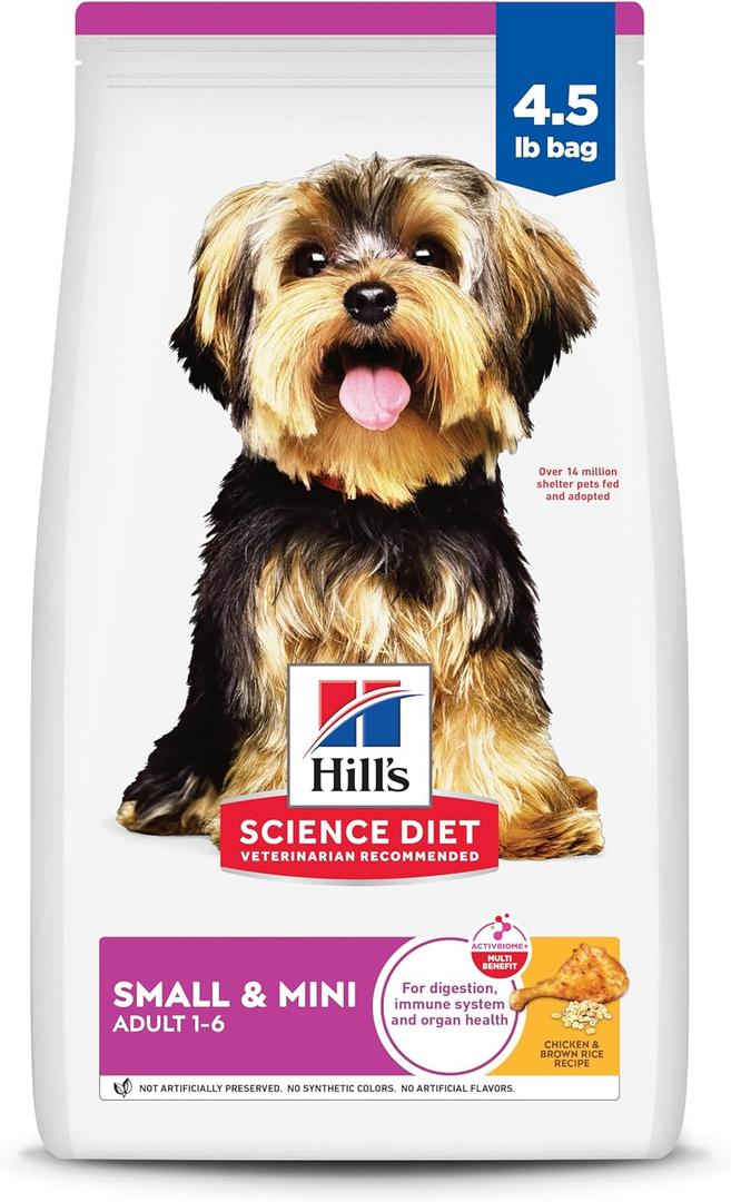 Hill's Science Diet Small & Mini, Adult 1-6, Small & Mini Breeds Premium Nutrition, Dry Dog Food, Chicken & Brown Rice, 4.5 lb Bag, Best By: 02/2027 Hill's Science Diet Small & Mini, Adult 1-6, Small & Mini Breeds Premium Nutrition, Dry Dog Food, Chicken & Brown Rice, 4.5 lb Bag, Best By: 02/2027