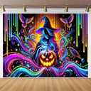 BlissYard Halloween Blacklight Tapestry 78x59 Inch Witch Pumpkin UV Reactive Wall Hanging Spooky Scene Glow in Dark Backdrop October Festive Luminous Blacklight Tapestry Party Decor