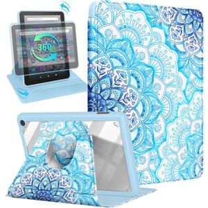 Kidcube for Amazon Kindle Fire 7 Tablet Case 12th Generation 2022 Release for Women Girls Cute Folio Cover Girly Pretty Unique Design Rotating Stand with Auto Wake/Sleep for Kindle Fire 7 Cases 7" (7-Blue Mandala)
