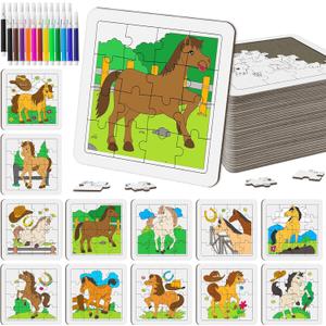 24 Pcs Horse Coloring Jigsaw Craft Kit for Kids, DIY Farm Pony Activity Set Bulk with 12 Designs, Rodeo Birthday Party Favors, Classroom Art Projects, Western Theme Supplies