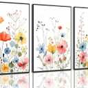 KISSFOX Framed Colorful Wildflower Canvas Wall Art Set Of 3 Flowers Pictures Prints Flowers Printing Floral Watercolors Flower wall Decor Living Room Girls Bedroom Bathroom, 16x24 In Black Framed