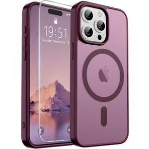 SUPFINE Magnetic for iPhone 15 Pro Max Case (Compatible with MagSafe) (Military Grade Drop Protection) Slim Translucent Matte Shockproof with Anti-Fingerprint Phone Case,Wine Red