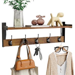 Coat Rack with Wall Mount, 23 Inch Long Entryway Wall Shelf with Hooks, Wood Hanger with Storage Shelf for Bathroom, Hallway, Rustic Brown