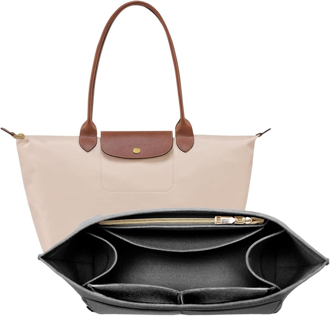 OPPOSHE Purse Organizer Insert for Longchamp Le Pliage, Premium Felt Long Champ Bag Handbag Women, Tote Organizer Insert with 9 Compartments (Large, Grey) (L-11.5*7.5*9.7in)
