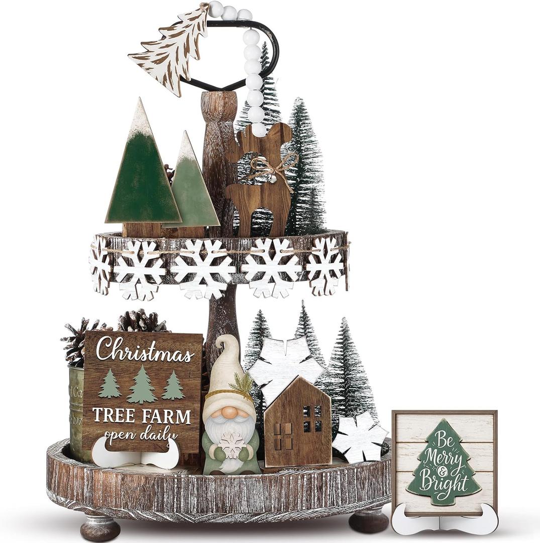 20 Pcs Neutral Sage Green Christmas Tiered Tray Decor Set Farmhouse Rustic Snowflake Xmas Tree Wood Table Centerpiece Decoration Tabletop Sign for Winter Home Kitchen Festival