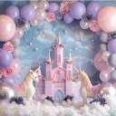 Baocicco 9x6ft Purple Castle Backdrop for Photography Pink Arch Balloon Flower Royal Place Lovely Unicorn Photography Background Baby Shower Birthday Party Wedding for Princess Girl Props Video