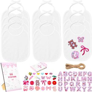 Jiuguva 72 Pcs DIY Bib Decorating Kit Baby Shower Games Set 10 DIY Blank White Bibs 50 Pink Iron on Patches Baby Shower Activity Kit for Gender Reveal Party Supplies
