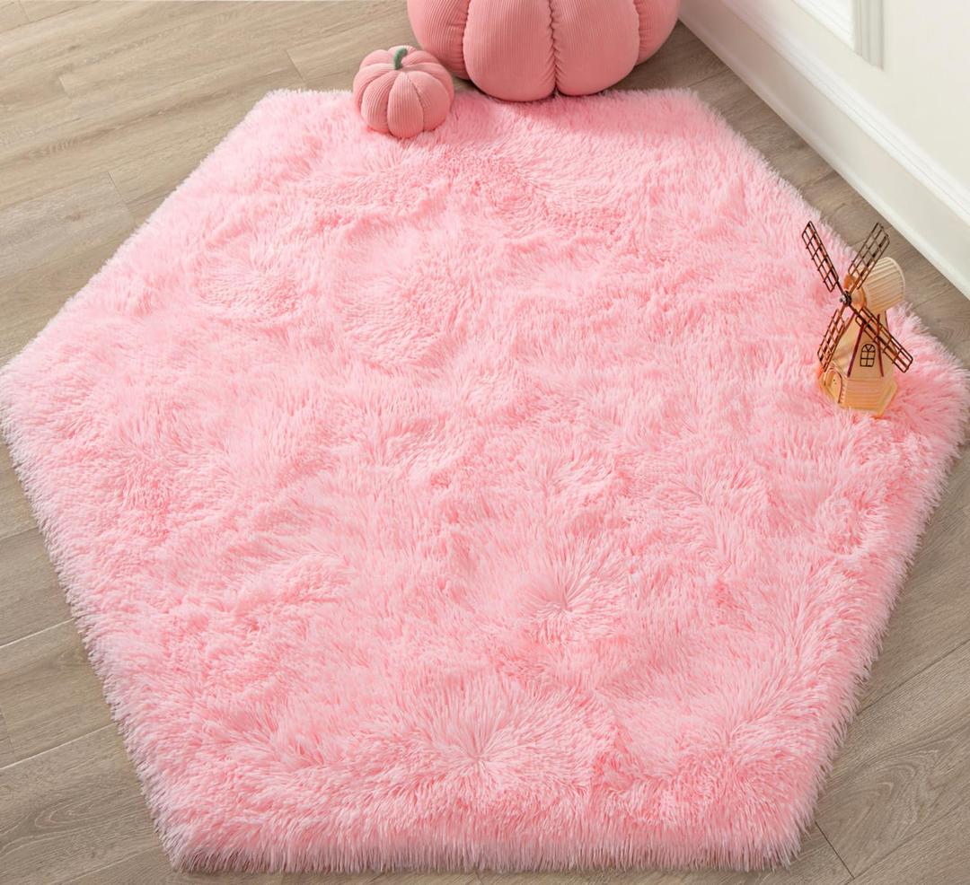 KIXINWA  Hexagon Rug for Princess Castle Play Tent, 4.6X4 Ft Fluffy Cute Area Carpet for Girls Nursery Baby Room Decor, Soft Non Slip Playroom Rug, Shaggy Plush Living Room Carpet