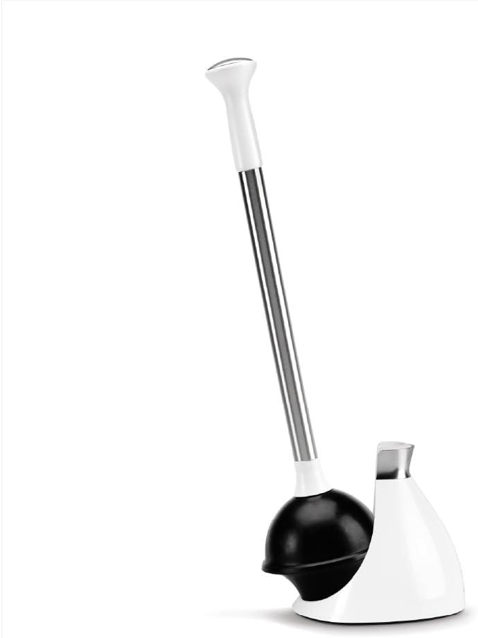 Simplehuman Toilet Plunger with Holder, Toilet Plunger and Holder Set, Magnetic Drip-Free Cover, Narrow Flange for Modern Low-Flow Toilets, Hidden Dome Storage, Stainless Steel, White