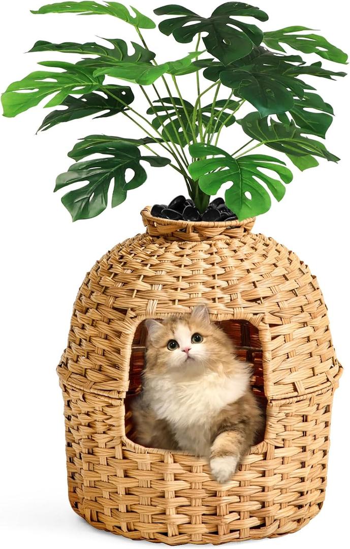 SETVSON Cat Litter Box Plant Furniture Enclosure, Hidden Handwoven Rattan with Cat Litter Box and Artificial Plants, Odor Control Filter, Real Stones in Living Room, Bedroom, Corner Natural