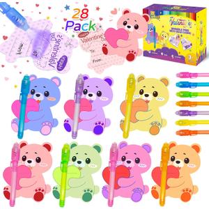 Valentines Day Cards for Kids School, 28 Pack Invisible Ink Pens with UV Light & Mini Heart Bear Cards, Secret Message Classroom Gift Exchange, Non-Candy Party Favor & Prize for Boys & Girls, 3 Age +