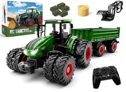 Remote Control Tractor Toy with Trailer | Metal Front & Front Loader Farm Vehicle Set with Lights & 8-Wheel Design, RC Tractor Truck for Boys & Girls Ages 3-9, Fun Farm Toy Gift for Toddlers & Kids