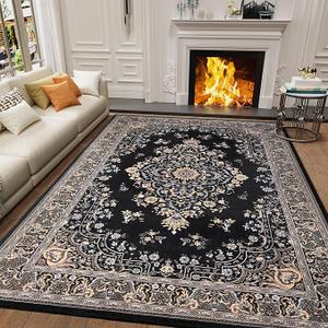 HOMORE Living Room Rug 5x8 Rugs, Washable Vintage Area Rug Non-Slip Low Pile Large Rug for Living Room, Bedroom, Farmhouse, Dining Room, Black